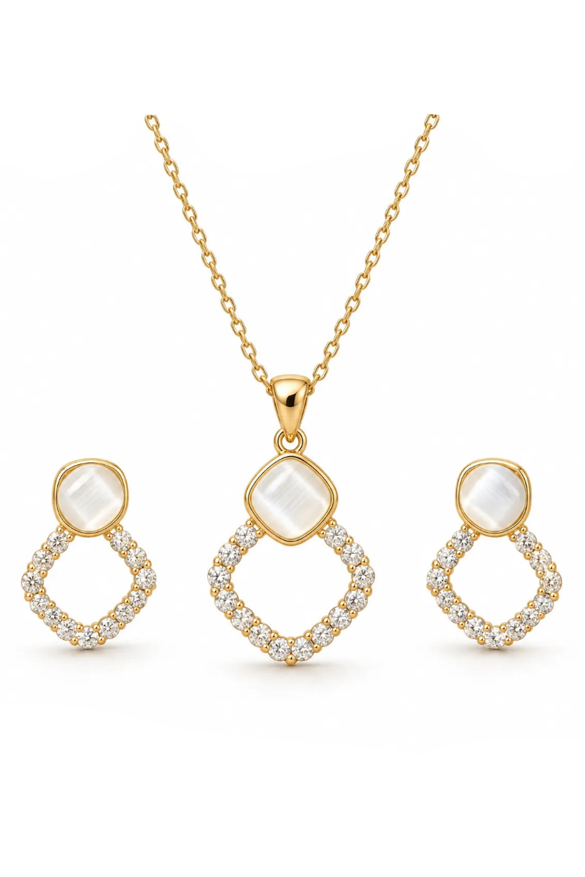Gold jewelry set featuring a pendant necklace and matching drop earrings, each with a round iridescent white stone and an open diamond-shaped frame set with small clear stones, on a white background.